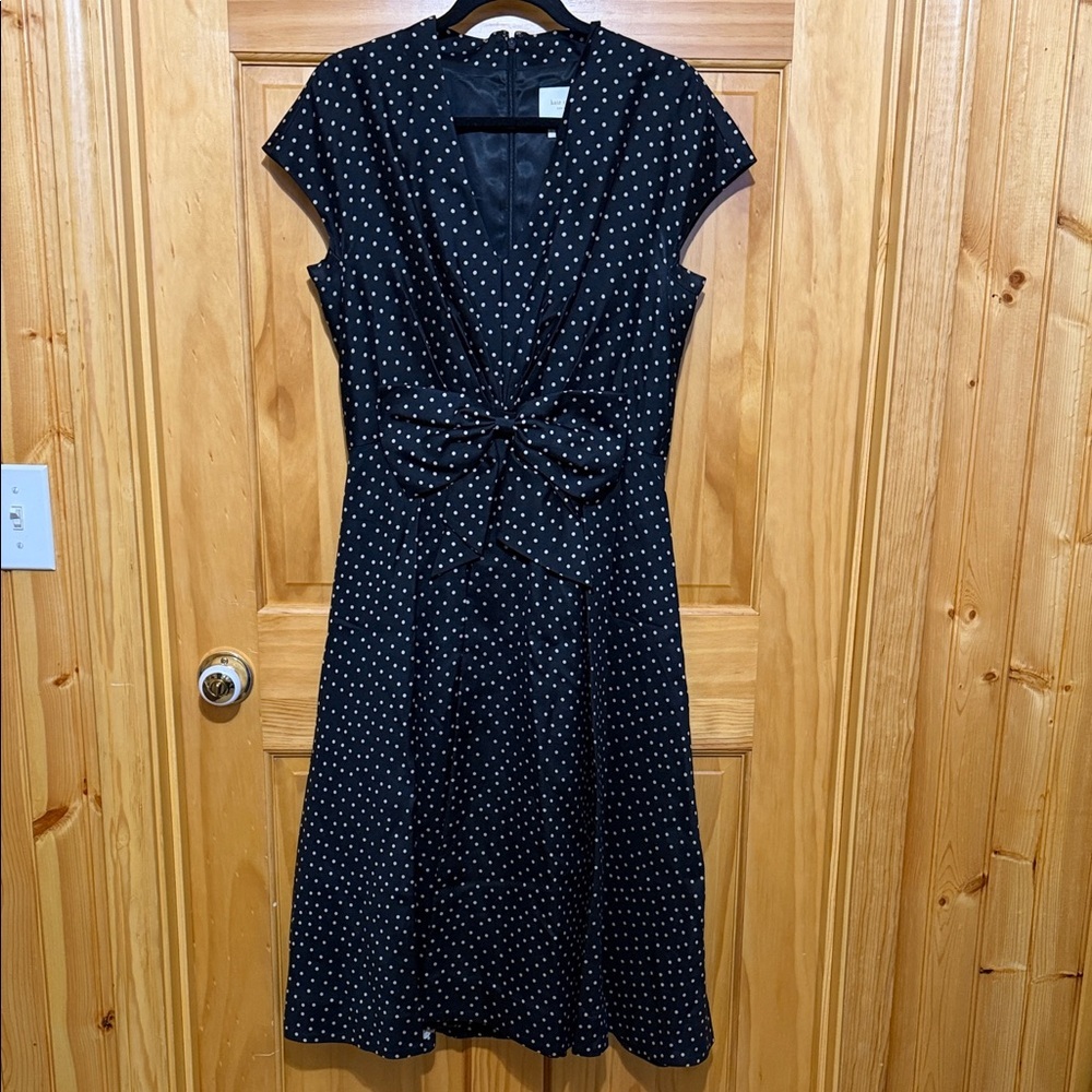 kate spade New York Freesia Black with White Polka Dot Midi Dress Bow Detail.